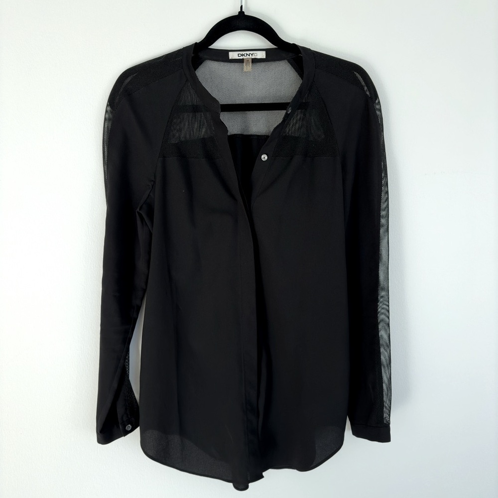DKNY Button Down Blouse Long Sleeve Sheer in Black Size XS Extra Small